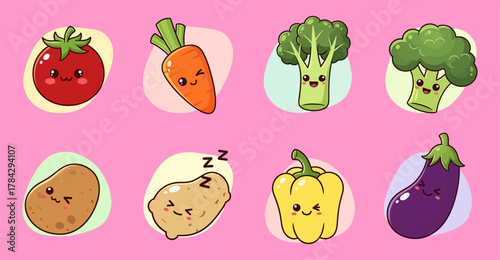 Cute cartoon vegetables: tomato, carrot, broccoli, potato, pepper, eggplant on pink background.