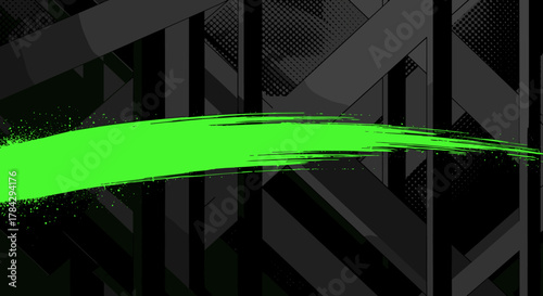 Abstract background for a fitness website banner. High-contrast monochrome background with a single fluorescent green dynamic brush stroke. Urban workout style. Minimalist, geometric, clean.