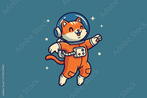 Adorable Astronaut Cat Floating in Space with Stars.