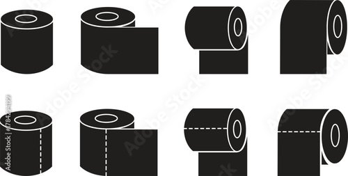 Roll tissue flat icons set with paper roll symbols for bathroom, hygiene, cleaning, toilet and household use. Minimalist black vectors designs for sanitary, towel and napkin on transparent background.