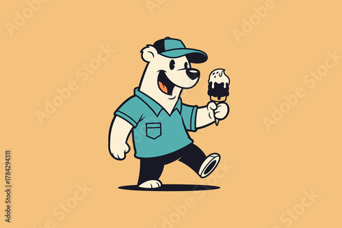 Happy Polar Bear Mascot Enjoying a Delicious Ice Cream Treat.