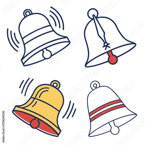 Collection of four ringing bells in various color schemes
