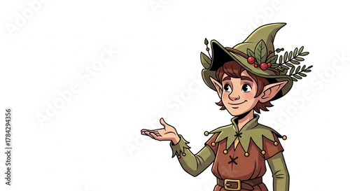 Friendly forest elf character pointing with open hand illustration