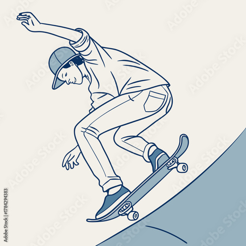 Person in action skateboarding down an incline in line art