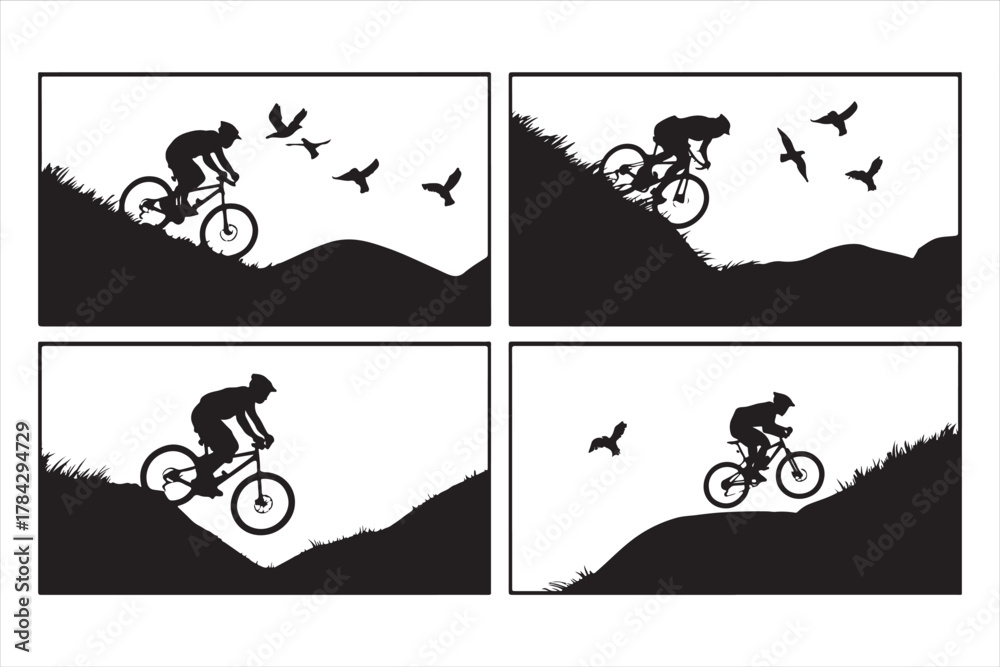 Obraz premium Mountain Biker Silhouette Set - Downhill Extreme Sport Action Vector Graphic
