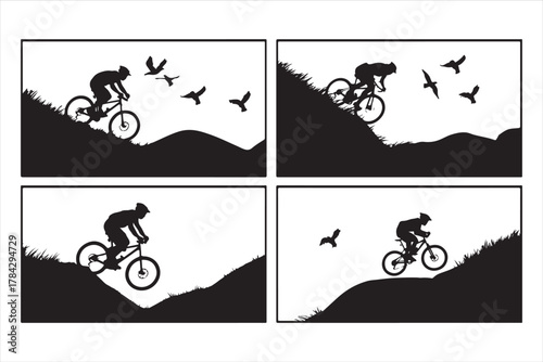 Mountain Biker Silhouette Set - Downhill Extreme Sport Action Vector Graphic