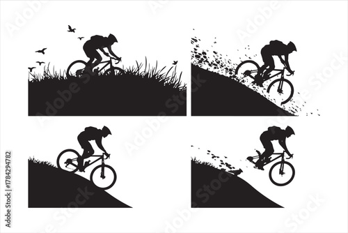 Mountain Biker Silhouette Set - Downhill Extreme Sport Action Vector Graphic