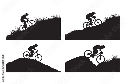 Mountain Biker Silhouette Set - Downhill Extreme Sport Action Vector Graphic