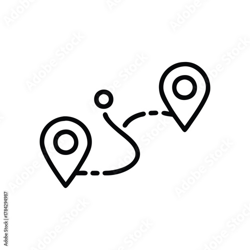 Black line art depicts a route Two location markers are connected by a curved line with a dot in between and dashes