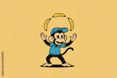 Cartoon Monkey Juggling Bananas Wearing Blue Cap and Shirt.