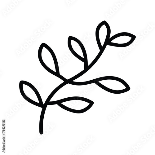 Black outline depicts a stylized plant sprig with rounded leaves stemming from a curving stalk