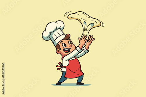Happy Chef Tossing Pizza Dough in Air Cartoon Illustration.