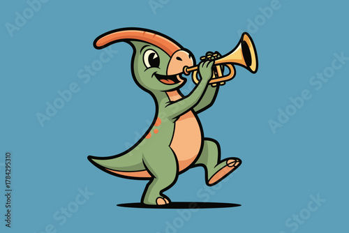 Cute Cartoon Parasaurolophus Dinosaur Playing Trumpet Illustrati