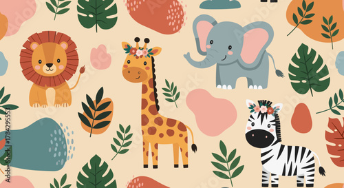 Boho safari animal seamless pattern with neutral cartoon lion and giraffe vector