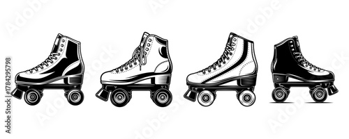 Set of Retro Roller Skates in Vintage Engraving Style
