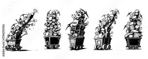 Set of Overflowing Mine Carts with Treasure and Loot Illustrations