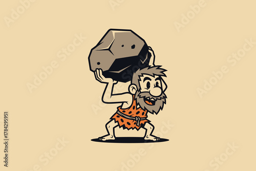 Strong Caveman Carrying a Large Rock on His Shoulder.