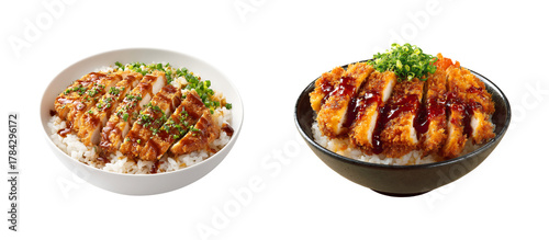 Sliced Crispy Chicken Katsu Donburi Bowl with Sauce and Green Onions on White Rice isolated on transparent background