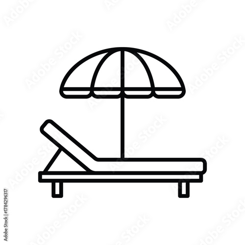 Line art illustration of a beach umbrella and lounge chair