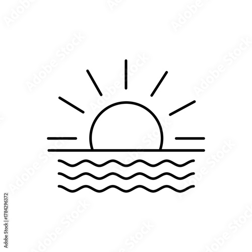 Line art of a sun setting over the water Radiating lines symbolize sunlight above Three wavy lines represent water Two horizontal lines denote the horizon