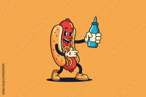Happy Hot Dog Mascot Holding Ketchup Bottle.