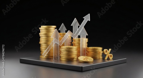 Gold coins with rising growth charts.