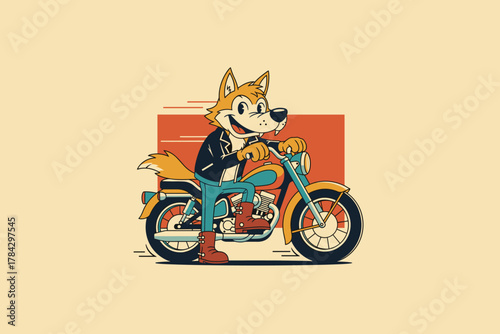 Cartoon fox character riding a vintage motorcycle with a deliver