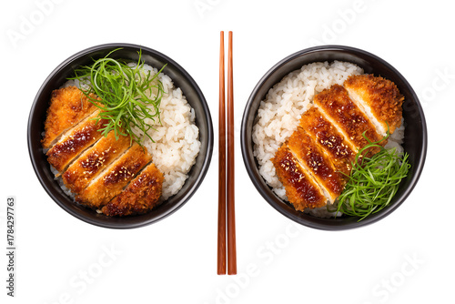 Symmetrical Katsu Don Bowls: Crispy Japanese Pork Cutlet and Rice isolated on transparent background
