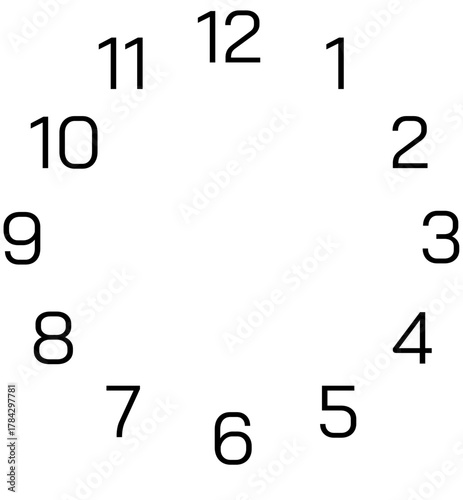 Simple Black Vector Icon of a Clock Face with Arabic Numerals (1-12), Featuring a Blank Center for Customization