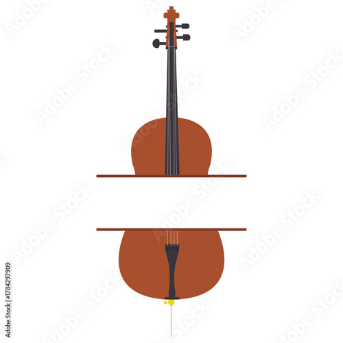 Flat Color Vector Illustration of a Cello or String Instrument, Designed as a Split Monogram Frame with a Blank Horizontal Space for Text