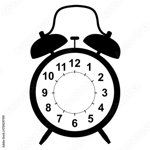 Solid Black Silhouette Vector Icon of a Classic Twin-Bell Alarm Clock with a Blank Face for Text or Numbers.