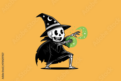 Cute Skeleton Wizard Casting Green Magic Spell.