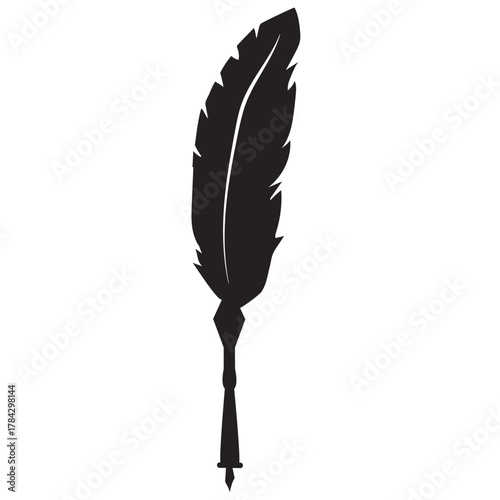 Solid Black Silhouette Vector Icon of a Vintage Quill Pen, Symbolizing Writing, Literature, History, and Poetry