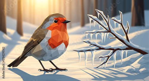 Winter's Geometric Guardian: A stylized, geometrically crafted bird perched near an icy branch in a snow-covered forest, bathed in the soft glow of winter sunlight, a scene of serene cold beauty.