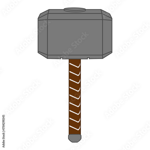 Flat Color Vector Illustration of a Mythological War Hammer (Mjolnir), Featuring a Gray Head and a Brown Wrapped Handle, Symbolizing Norse Mythology