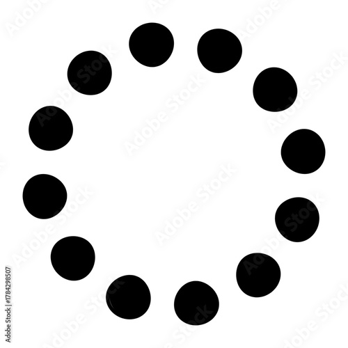 Solid Black Vector Icon of a Loading Spinner or Buffer Wheel, Composed of Twelve Dots Arranged in a Circle, Symbolizing Waiting, Processing, or Buffering