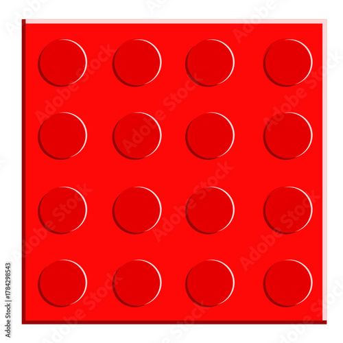 Flat Color Vector Illustration of a Red 4x4 Toy Building Block, Featuring 16 Studs on a Square Baseplate, Symbolizing Toys, Play, and Construction.