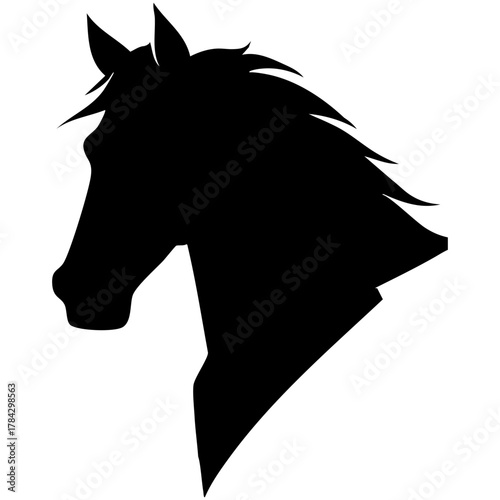 Solid Black Silhouette Vector Icon of a Horse Head Bust, Featuring a Flowing Mane, Representing Equestrian, Farm, or Racing