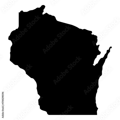 Solid Black Silhouette Vector Map of the State of Wisconsin, USA, Showing the Geographic Shape and Borders of the Midwest State