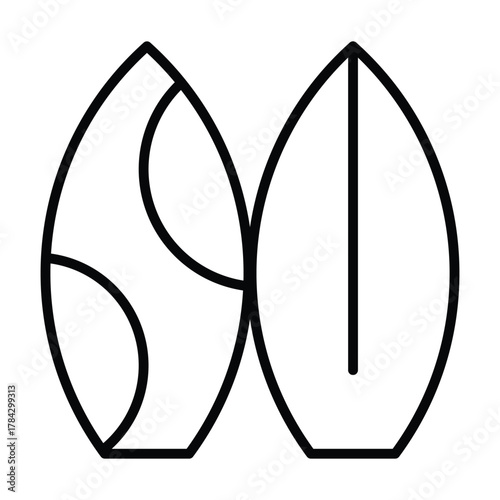 Two stylized surfboard outlines the left one has two partial circles inside and the right has a vertical line