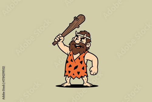 Cartoon Caveman Holding Club Ready for Action.