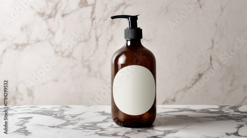 A brown glass soap dispenser with black pump sits on marble surface against matching backdrop,