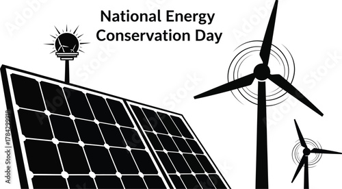 National Energy Conservation Day with solar panel and wind turbine