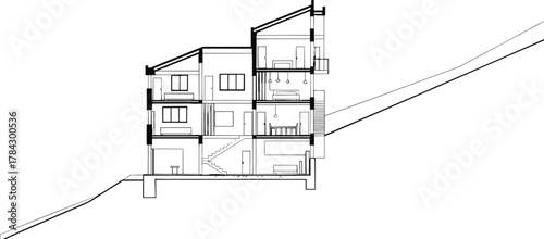 Sloped terrain house section icon vector—multi-level layout with staircases, rooms, and structural details for architectural design visuals
