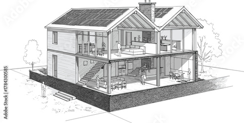 Modern house cross-section icon vector—solar roof, open layout, and active interior for sustainable architecture and lifestyle design visuals