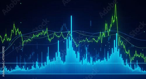 Dark blue financial graph with green and blue trend lines