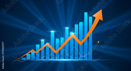 Blue Bar Chart with Orange Upward Trend Arrow on Dark Background