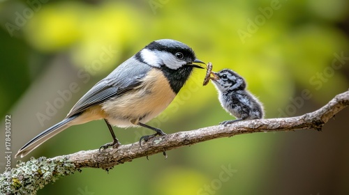 A black-capped chickadee bird with a baby chick on a branch with a green background.