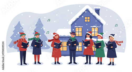 A joyful group of diverse carolers singing festive holiday songs in a snowy winter village scene outside a cozy, illuminated house, spreading seasonal cheer
