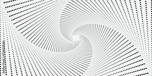 halftone optical illusion background. Black and white abstract geometric surface. Op art poster design. Torsion illusion wallpaper. Vector halftones